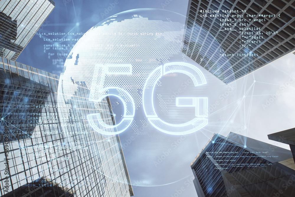 Aufkleber High speed internet connection and communication network concept with digital 5g icon and world map globe with bottom view on city skyscraper tops background, double exposure