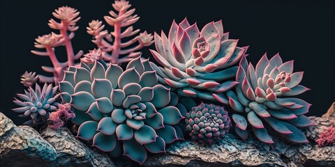 Fototapeta na wymiar Colorful succulents on rocks. Generative AI