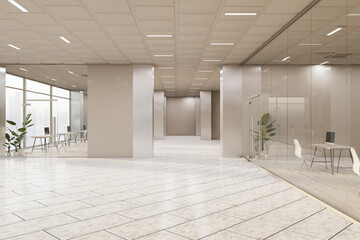 Simple glass coworking interior with furniture. 3D Rendering.