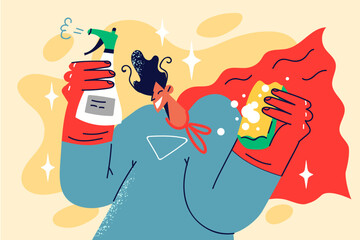 Smiling man in superhero costume housekeeping 