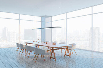 Modern meeting room interior with furniture, window and city view, daylight. Boardroom concept. 3D Rendering.
