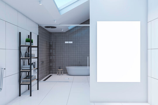 Front view on blank white poster on light background in modern bathroom with grey and light squared tiles walls, black bathroom shelving and dormer on the top. 3D rendering, mock up