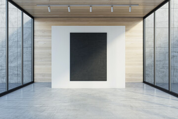 Fototapeta na wymiar Front view on blank dark poster with space for your logo or advertising text on wooden background in empty abstract hall area with transparent walls and concrete floor. 3D rendering, mock up