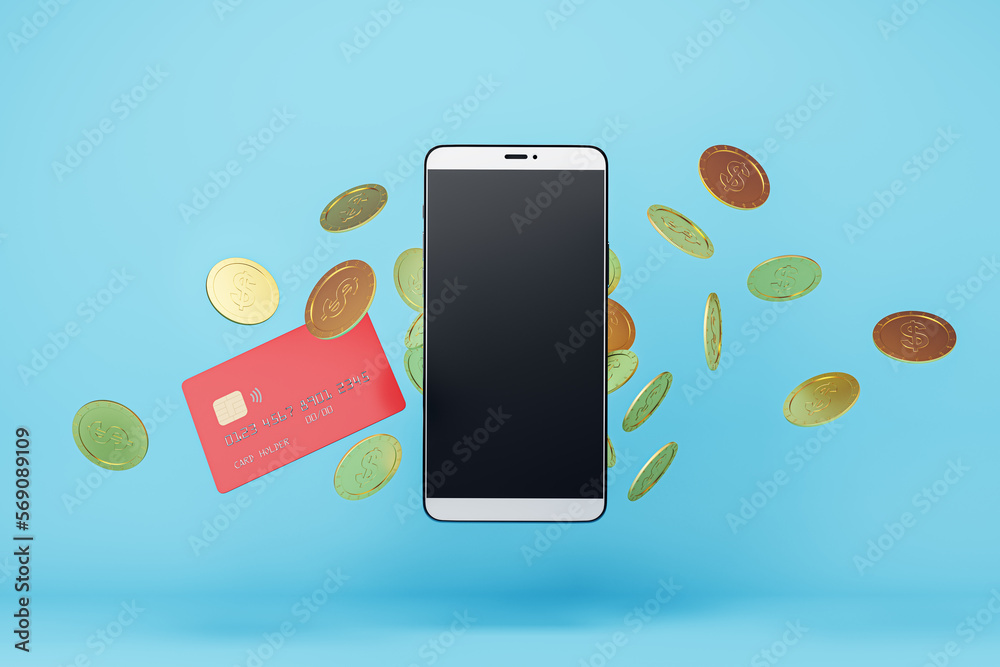 Poster online paying application concept with blank dark modern smartphone screen with place for your logo 