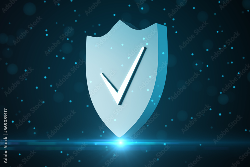 Aufkleber Data protection and information security concept with check mark on light blue shield on dark background with blurred dots and illuminating spot. 3D rendering