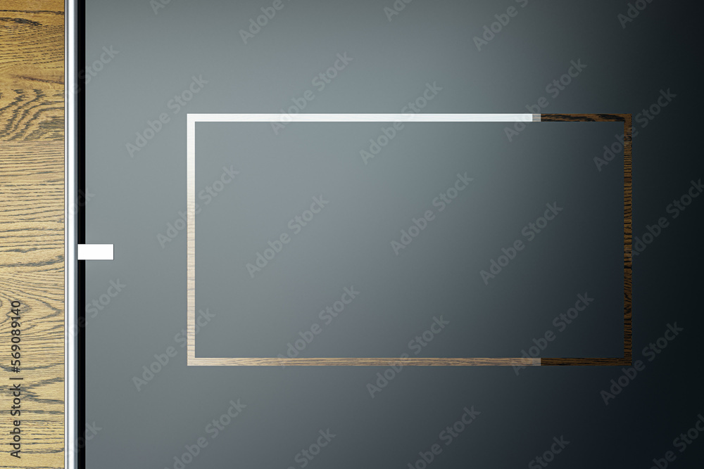 Poster Empty mock up frame on dark wall. Advertisement and office concept. 3D Rendering.