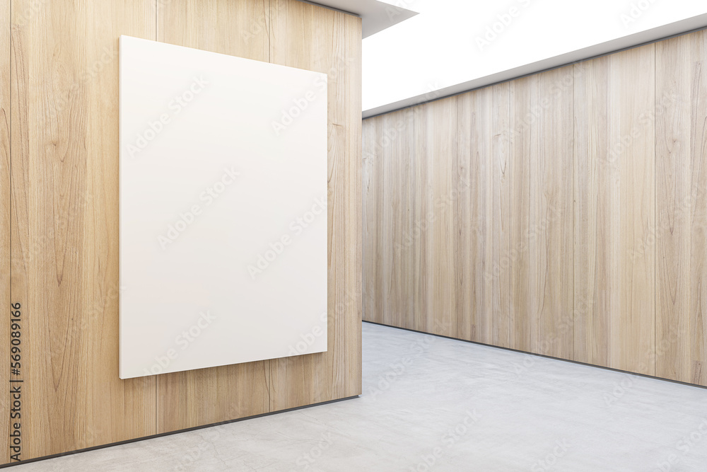 Poster perspective view on blank light poster on wooden wall background with place for your logo or text in