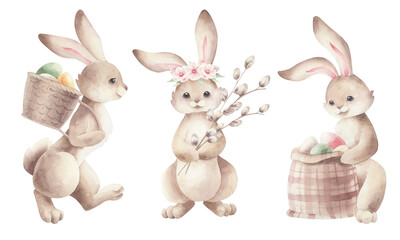 Watercolor set with easter bunnies and eggs. Set watercolor illustrations with Easter rabbits.