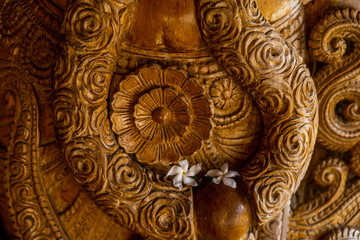 Close up of the wooden carving detail, Alleppey, Kerala, India. 