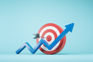 Business mission, planning and goal concept with red and white target, metallic dart bullseye and blue growing up arrow on light wall background. 3D rendering