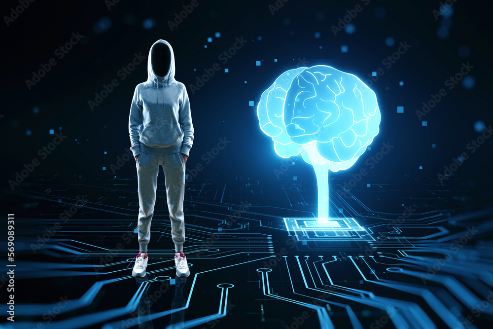 Poster Hacker with glowing circuit brain hologram on dark background. AI, hacking, data theft, machine learning and futuristic technology concept.