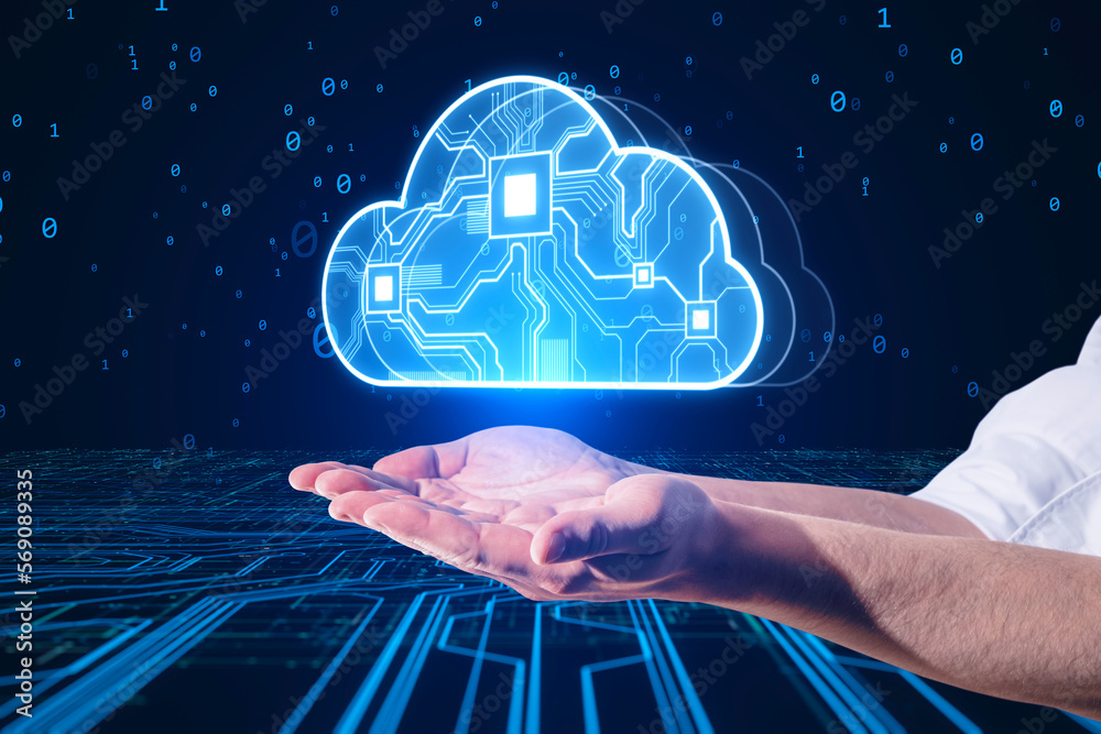 Poster close up of male hand holding hologram. glowing cloud hologram. cloud computing technology internet 