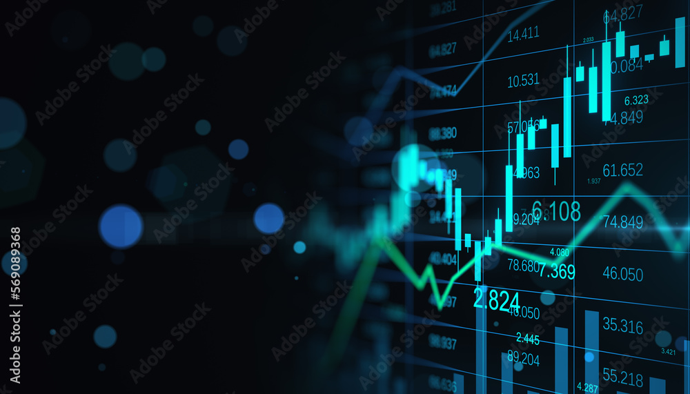 Poster stock market and investing concept with dark background with place for your advertising poster, blur