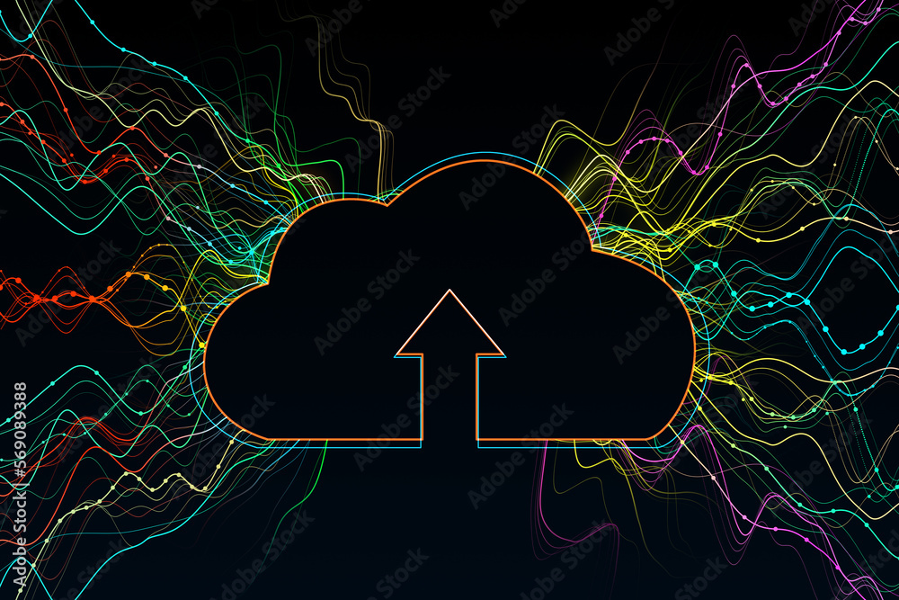 Aufkleber Data storage and cloud computing concept with arrow up inside cloud symbol among colorful digital information flows on abstract dark background. 3D rendering