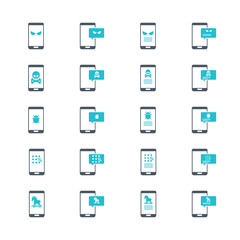 Malware notification on mobile phone. Virus, malware, email fraud, e-mail spam, phishing scam, hacker attack concept. Vector illustration. Icons set.