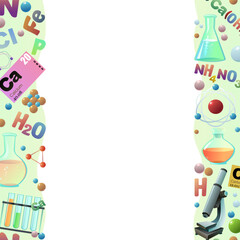 Chemistry seamless vertical frame. Cartoon style. Study and production of mineral. Organic and inorganic. Parts of molecular and atomic basis. Isolated on white background. Vector.