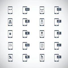 Malware notification on mobile phone. Virus, malware, email fraud, e-mail spam, phishing scam, hacker attack concept. Vector illustration. Icons set.