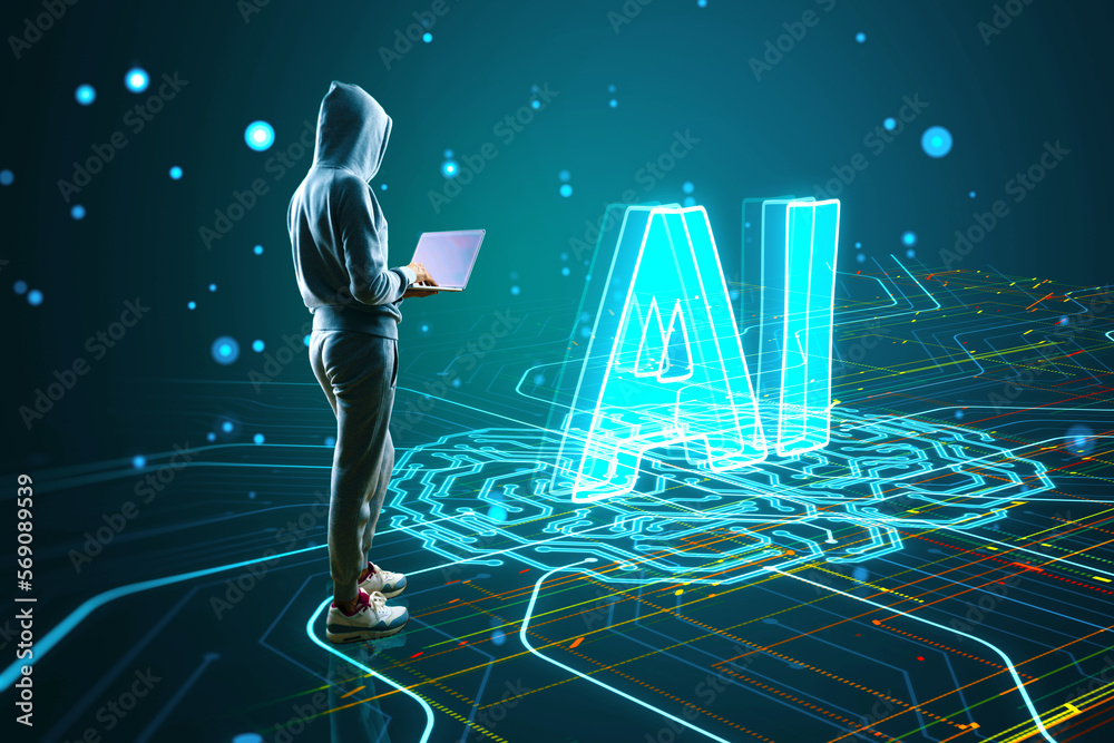 Poster Hacker using laptop computer with glowing circuit brain AI hologram on dark background. Artificial intelligence, machine learning and futuristic technology concept.
