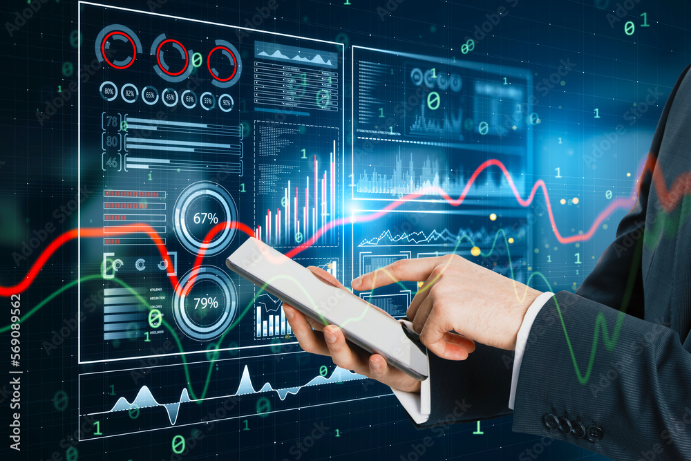 Poster close up of businessman hand using mobile phone with glowing business chart hologram hud screen on b
