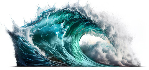 Tropical blue surfing wave. Generative Ai. No people. Beautiful deep blue tube wave in the Ocean. Isolated on white background.