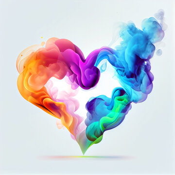 Wave and smoke in shape form heart of different rainbow colors isolated on white. Valentines Day. LGBT Concept. Generative Ai.
