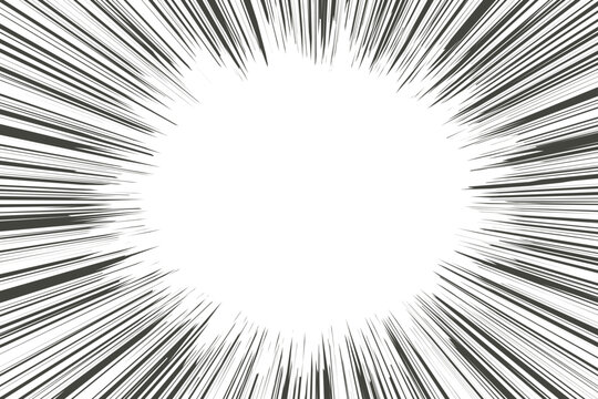 Comic manga radial lines with speed effect for comics book. Black and white explosion background. Flash ray blast glow. Vector frame.