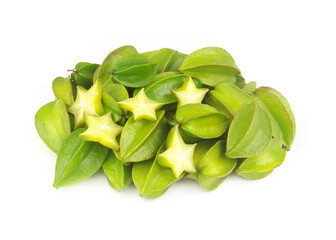 Heap of many star fruits isolated on white background. Averrhoa carambola, star apple, starfruit.	