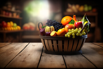 Fruits basket on the empty wooden table, vegetable and fruits grocery store blurred background