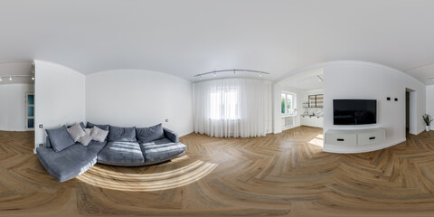 full seamless hdri 360 panorama in interior of guest living room hall with kitchen in studio...