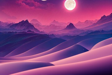 illustration of an abstract fantasy landscape in pink with moon and stars. Generative AI