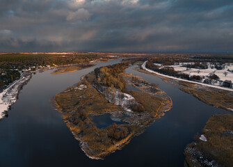 An island on the Bug River, Winter sunset, Kania Nowa village, Poland