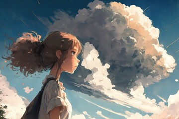 Girl with close up view portrait with sky view. Anime art painting. Digital art style. Illustration painting. Generative AI.