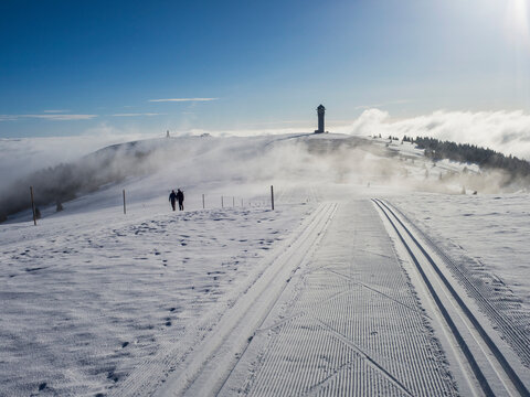 Seebuck summit with Feldberg Tower and two hikers , Black Forest, Germany
