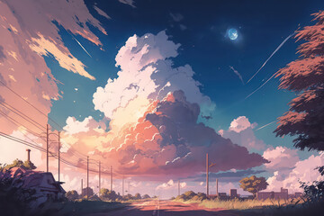 Fototapeta premium Sky with beautiful sunset light. Fantasy sky anime art style wallpaper background. Cloudy day in anime theme. Digital art style. Illustration painting. Generative AI.