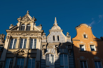 Obraz premium Historic Burgher Houses With Gables At Sunset In Old Town Of Gdansk, Poland