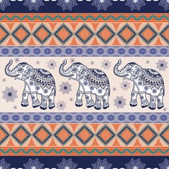 Elephant seamless pattern. Ethnic elephant with ornate border traditionally decorated elephant design for carpet, wallpaper, clothing, textile, wrapping, Batik, fabric, tile, and embroidery style.