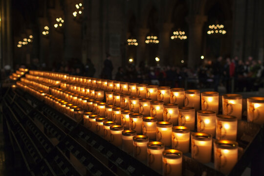 Lit votive candles in the basilica notre dame de fourviere, Lyon, Paris, France