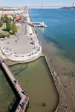 View of a city and April 25th Bridge from Belem Tower, Lisbon, Portugal