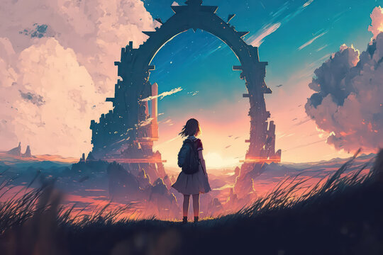 Girl Standing In Front Of Ancient Door And Looking At The Sunset View. Digital Art Style. Illustration Painting. Generative AI.