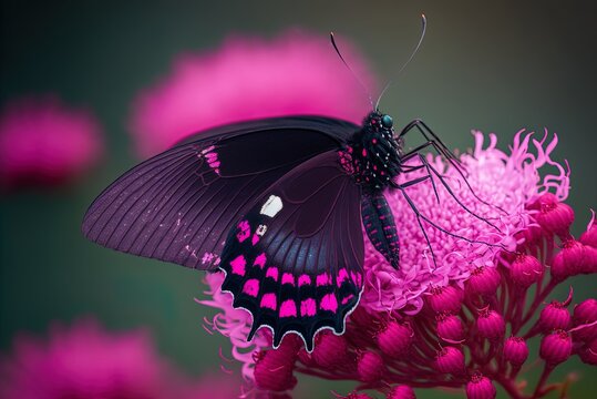 Cattleheart butterfly sitting on a pink blossom, out of focus background Generative AI