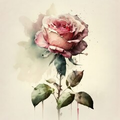 Beautiful pink rose watercolor. Watercolour of pink pastel rose. Pink rose on white background. Generative AI.