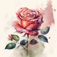 Beautiful pink rose watercolor. Watercolour of pink pastel rose. Pink rose on white background. Generative AI.