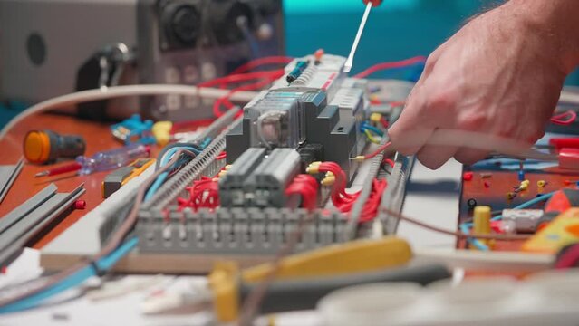 Unrecognizable electrician screwing a red wire with a screwdriver in an automatic electrical switch. The mans hands cut the wire, put on the blue bushing ferrule, clamp it and screw it on.