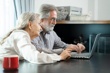Happy family spouses sitting looking at computer screen at living room,Smiling middle aged man...
