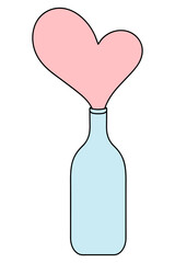Bottle of love. Color vector illustration. Cartoon style. A pink heart climbs out of a vessel. Love potion. Glass flask. Idea for web design, invitations.