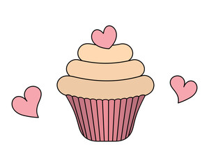 Cake in a shaped mold. The dessert is decorated with pink hearts. Romantic cupcake. Color vector illustration. Cartoon style. Isolated background. Valentine's day. Idea for web design, menu