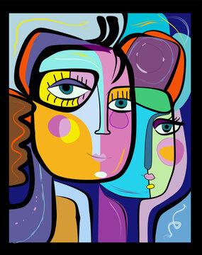 Colorful background, cubism art style,abstracts faces,two friends