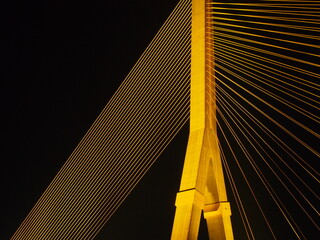 BANGKOK - High Resolution of Rama VIII Bridge Cable : Night scene of the Steel bridge pylon during the night in Bangkok, Thailand, under dark night sky, on February 5, 2023.