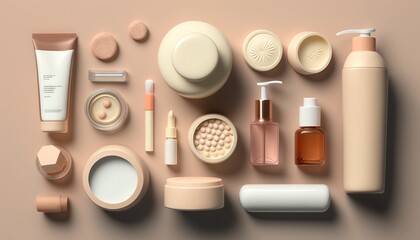  a variety of cosmetics and skin care products arranged on a beige background, top view, flat layed out on a surface, with a shadow.  generative ai