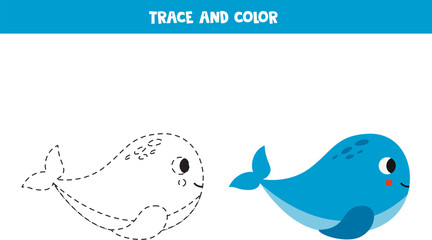 Trace and color cartoon cute blue whale. Worksheet for children.